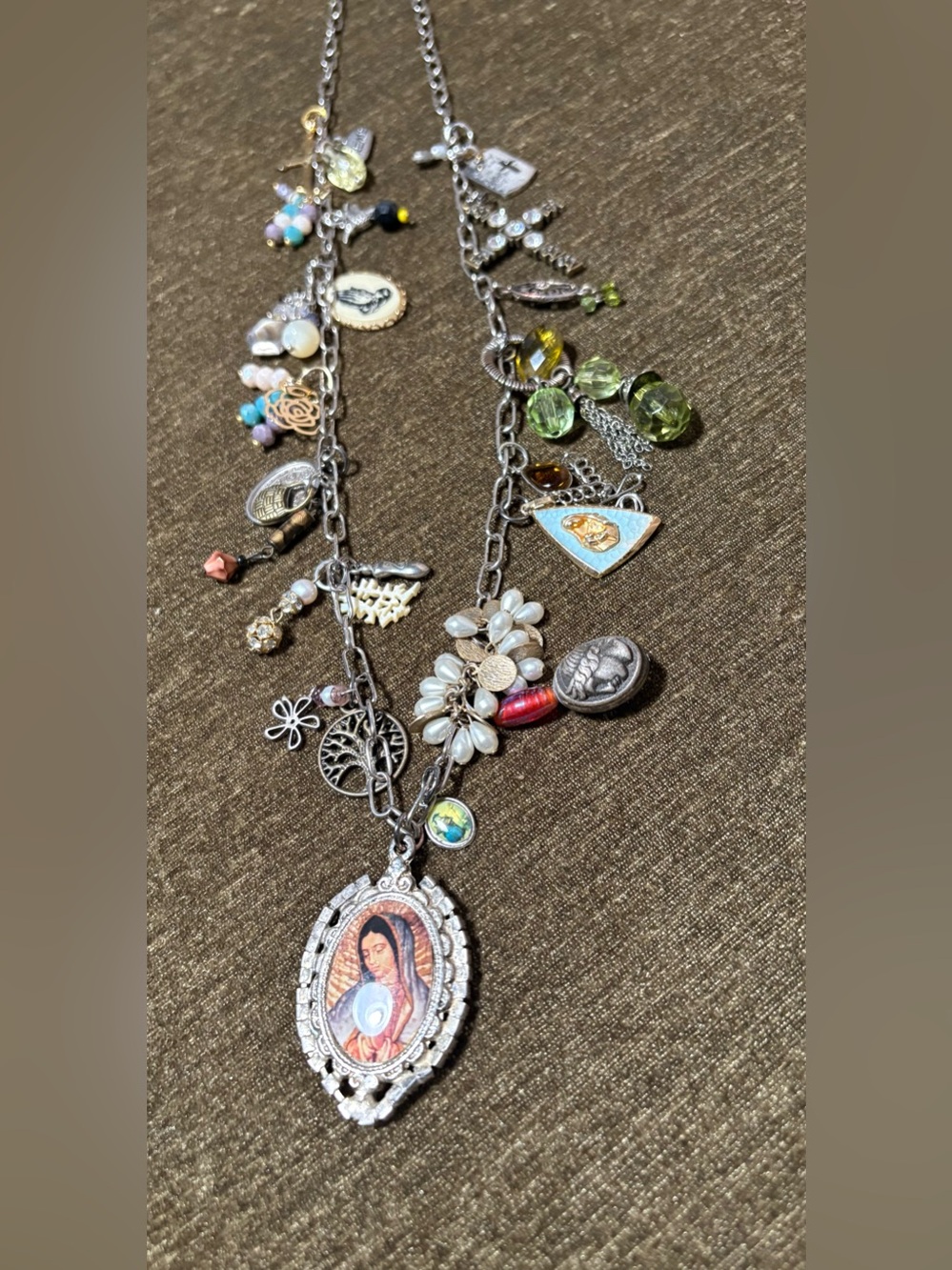 Vtg Upcycled Mother Mary Faith Based Handmade Charm Necklace Artisan Made OOAK - Picture 2 of 14